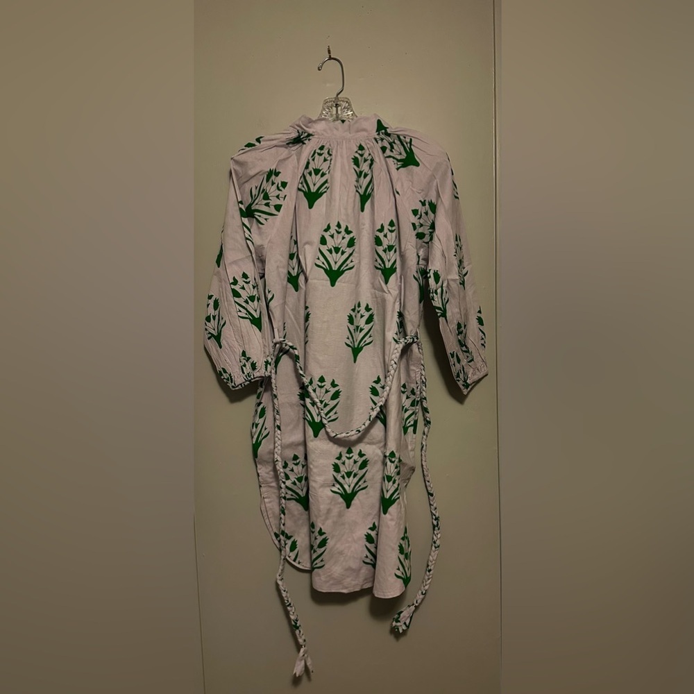 Tuckernuck Caryn Lawn Pippi Mini Dress White Green Print Belted Puff Sleeve OS - Picture 4 of 6